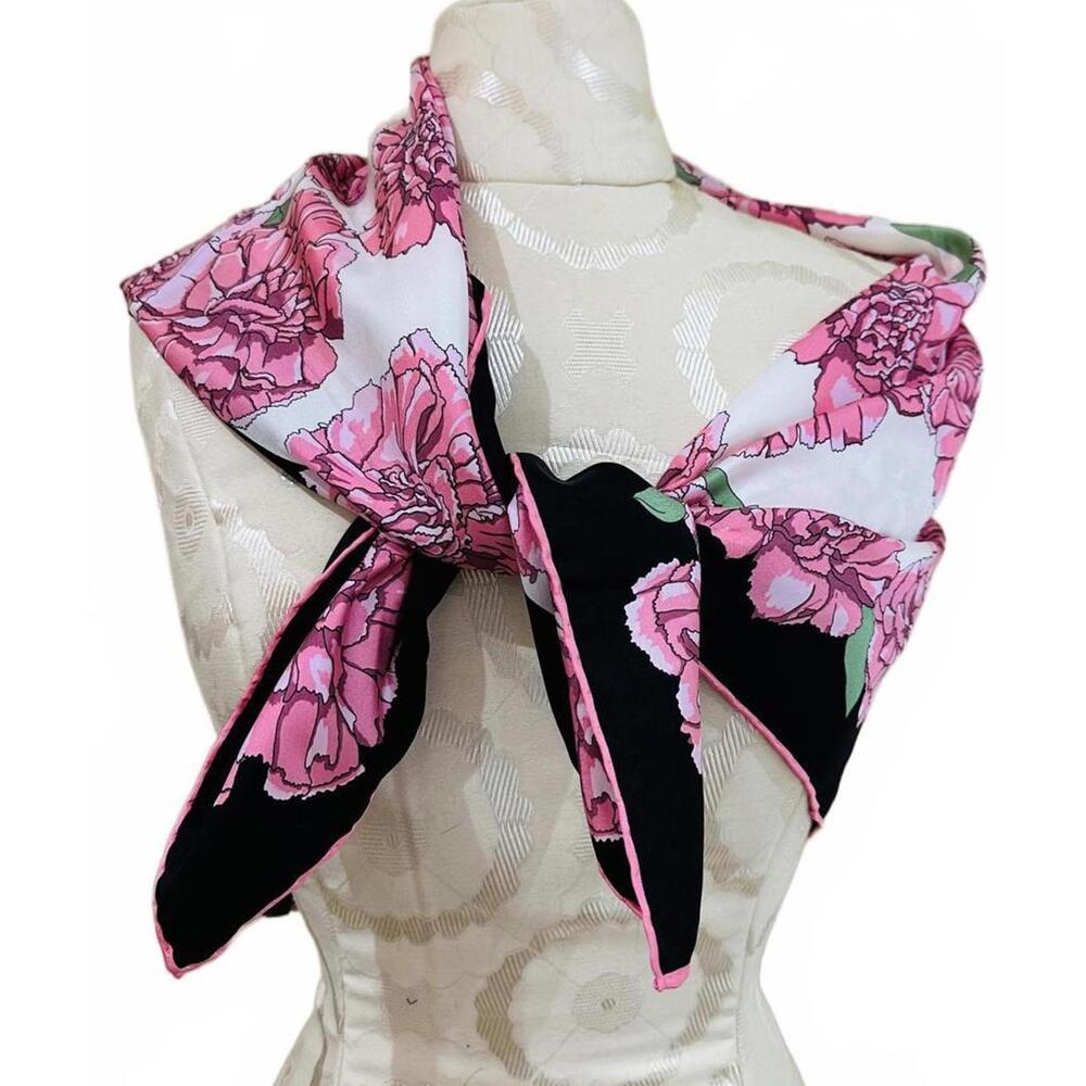 Vintage 100% SILK Pink Floral Square Scarf w White Background & Black Trim RNS